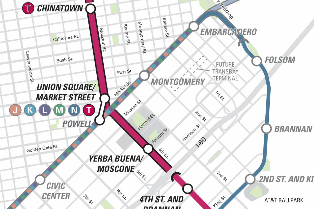 Central Subway transit map showing planned red line route through Chinatown, Union Square, and SoMa neighborhoods with stations marked.