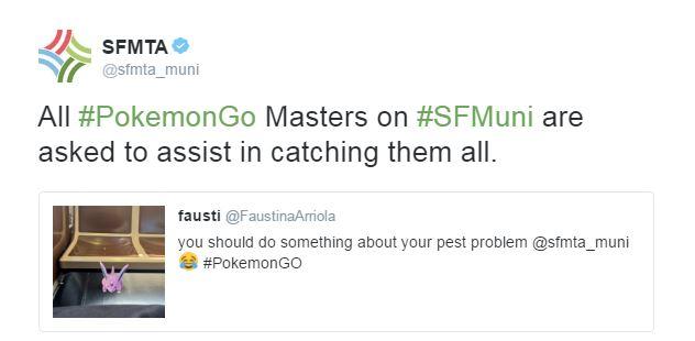 Twitter exchange between SFMTA and user about Pokemon Go players on public transit