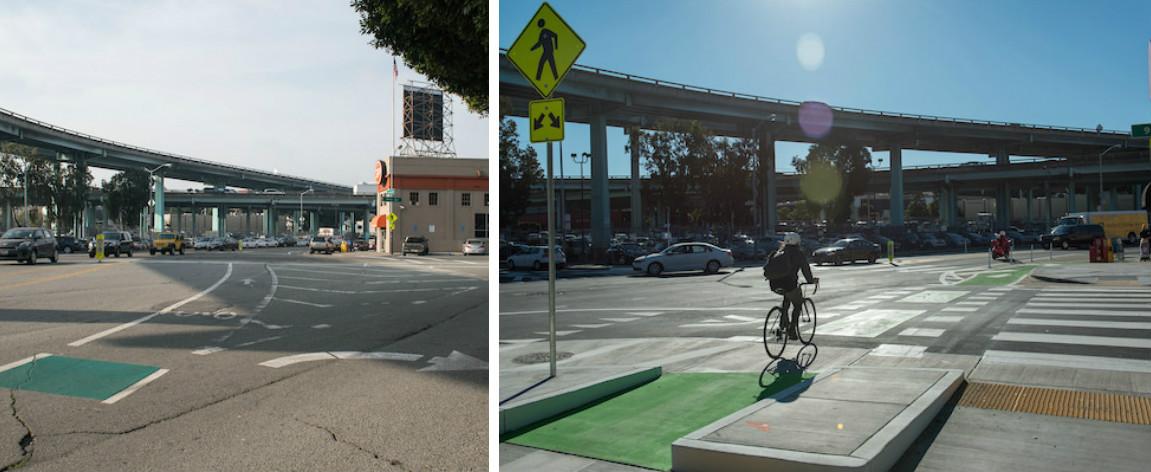 Before and after comparison of Ninth and Division intersection showing improved pedestrian and bicycle infrastructure with separated facilities.