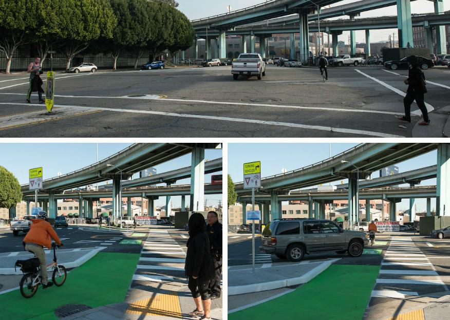 Green bike lane and pedestrian crossing under highway overpass at 9th and Division intersection.