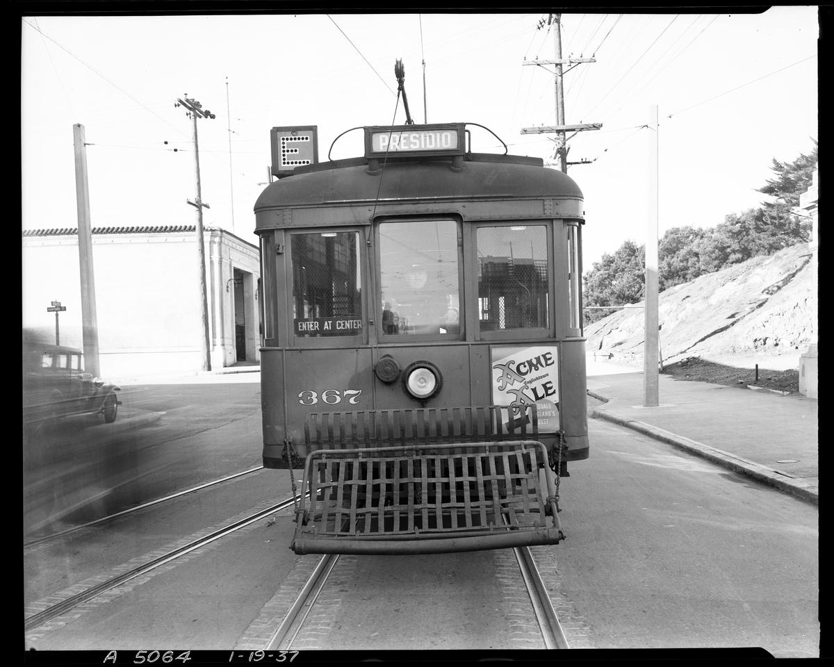 Vintage streetcar number 367 on tracks at Potrero Car House, 1937.