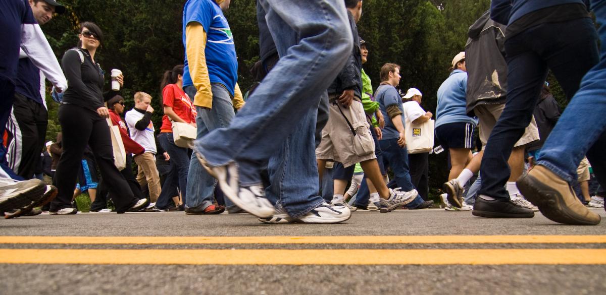 Large group of people walking on a street with yellow lines during a community event in a park.