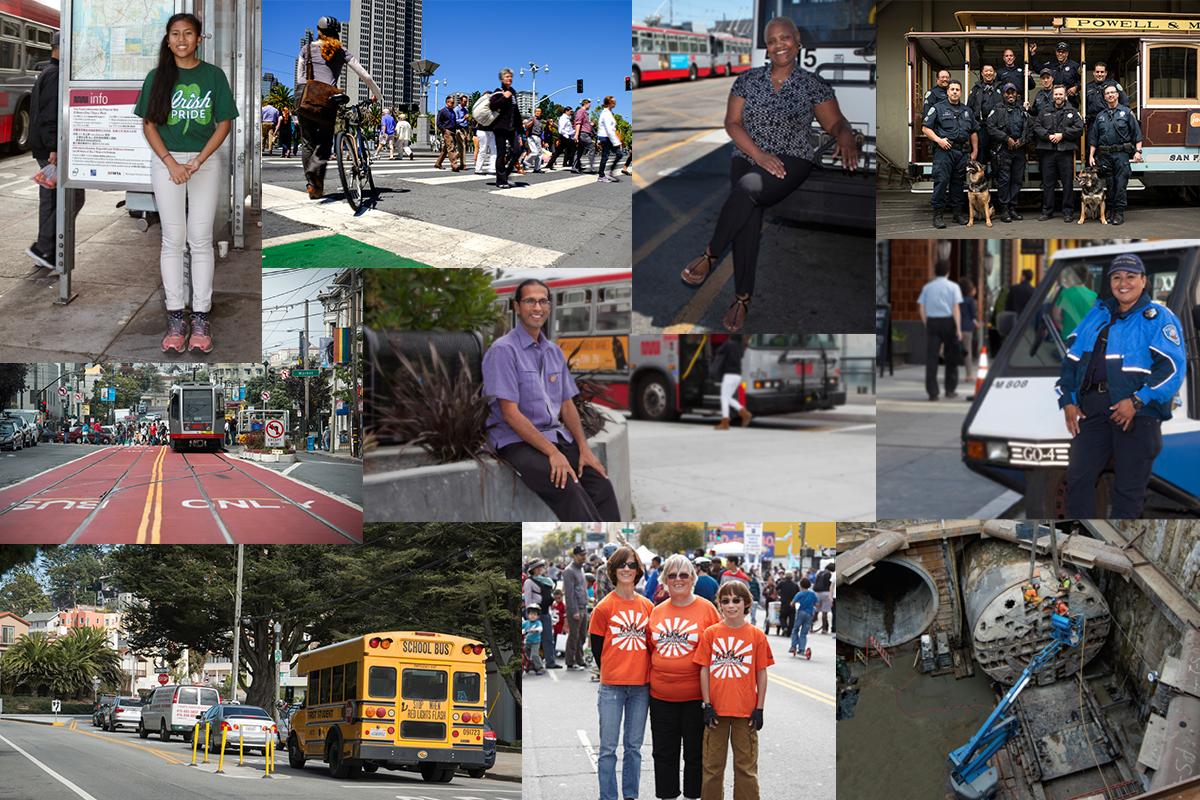 Community members and transit workers at various San Francisco locations including streets, buses, and transit facilities.
