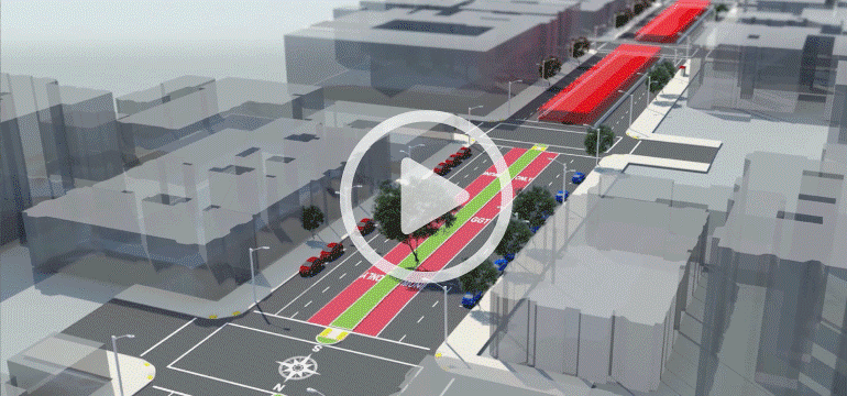 3D rendering of Van Ness Avenue showing red transit lanes and construction barriers between buildings.