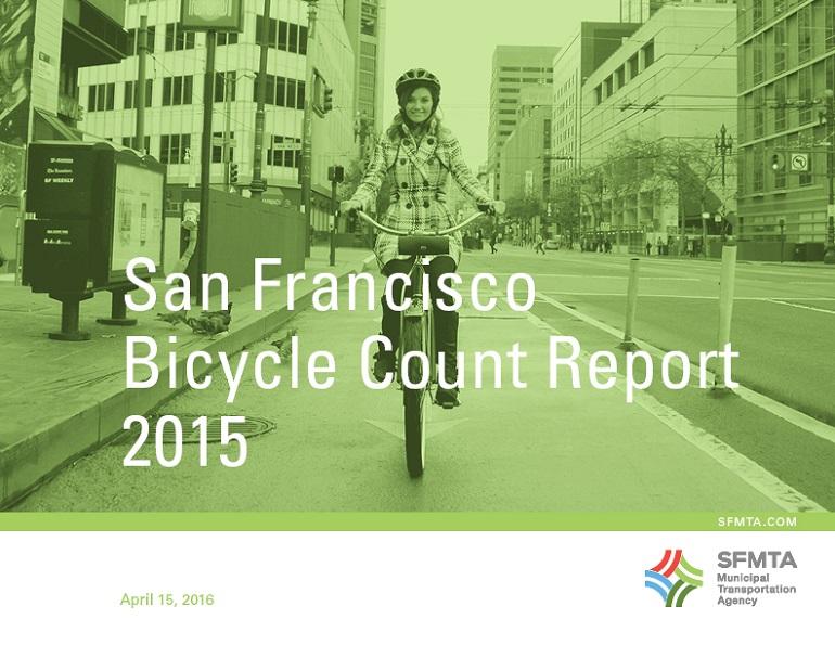 A cyclist rides down a San Francisco street with tall buildings in the background. Text reads "San Francisco Bicycle Count Report 2015."