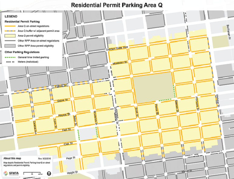 Map of Residential Permit Parking Area Q showing on-street regulations and permit eligibility zones in a San Francisco neighborhood.