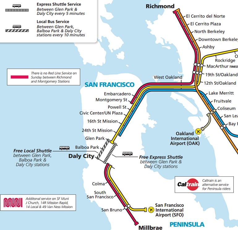 BART system map showing rail lines between Richmond and Millbrae with Glen Park to Daly City closure area highlighted.