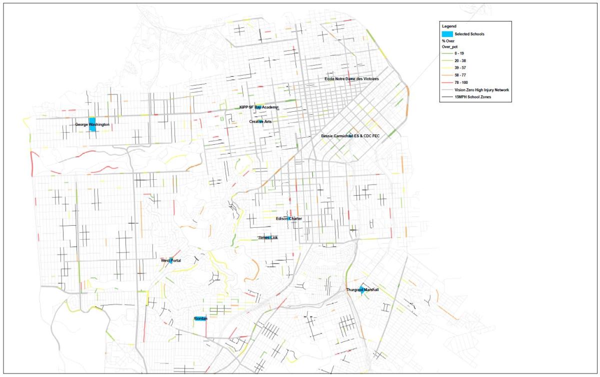 Map of San Francisco showing 10 elementary and high schools marked with enforcement zones and transit network overlays.