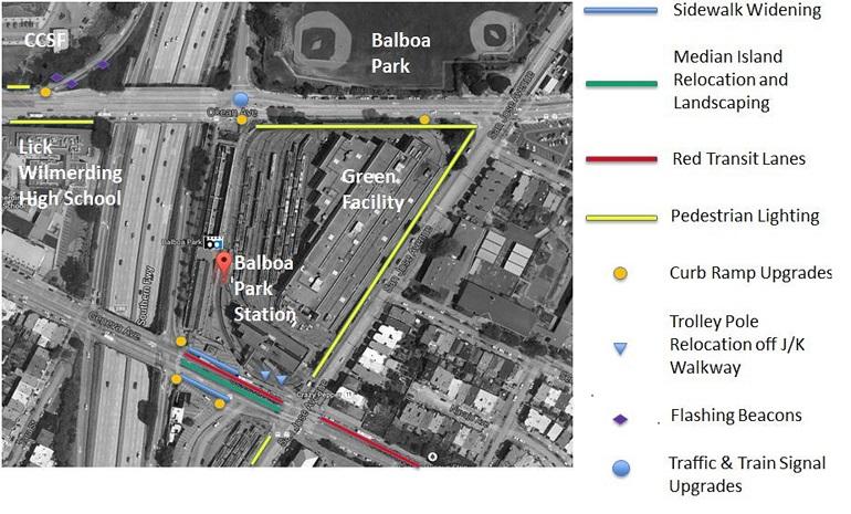 Aerial map of Balboa Park Station area showing planned transit improvements including new transit lanes, lighting, and accessibility upgrades.