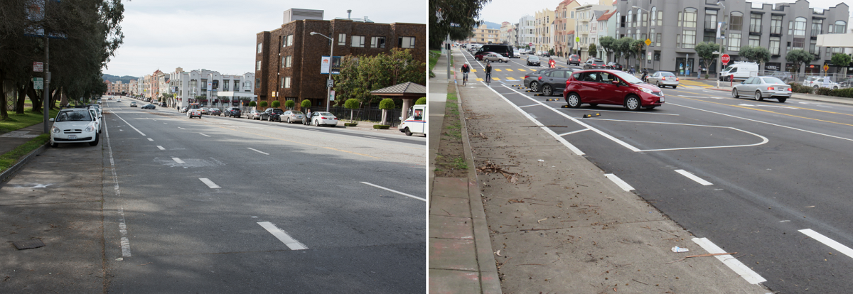 Two side-by-side photos showing Bay Street before and after road diet: left shows four lanes with parallel parking; right shows two lanes with angled parking and bike lanes.