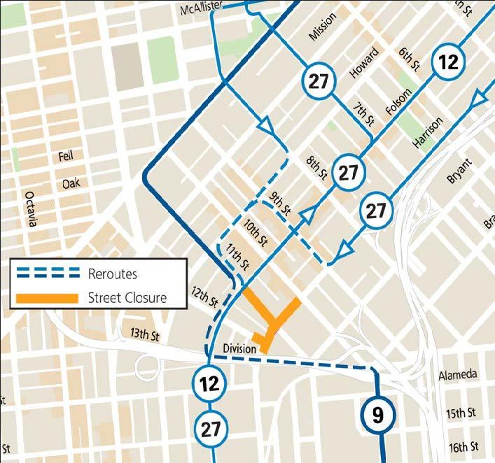 Map showing street closures and Muni service changes during the Bearrison Street Fair