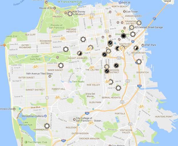 Map showing Bike to Work Day 2017 energizer station locations throughout San Francisco neighborhoods.