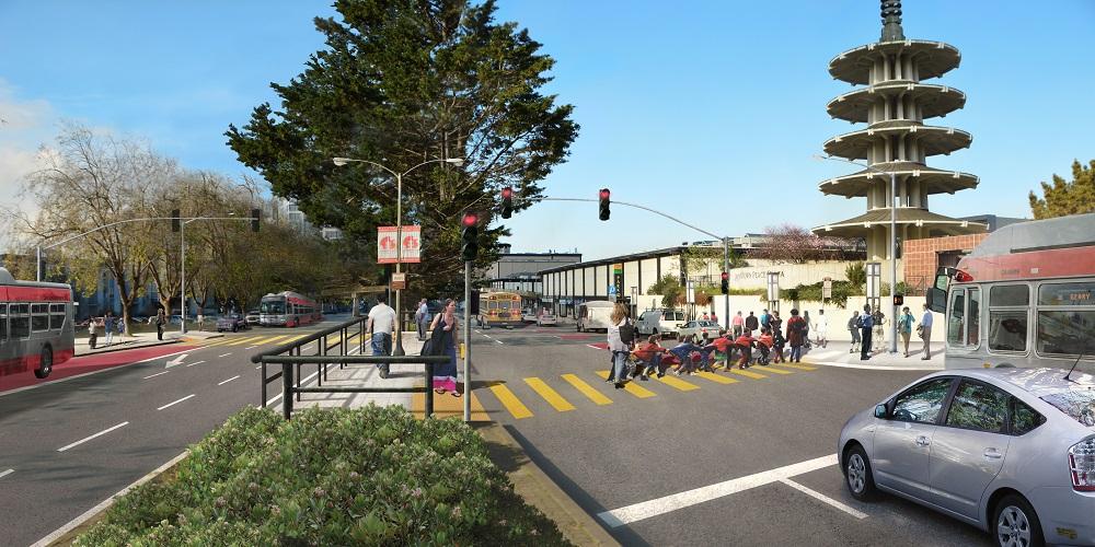 Pedestrians and school children crossing Geary Boulevard at Buchanan Street with median waiting area and transit-only lane visible.