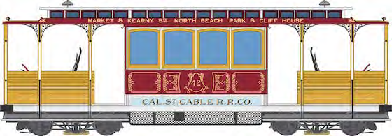 California Street Cable Railroad Company cable car in yellow and burgundy livery with blue windows and wooden benches.