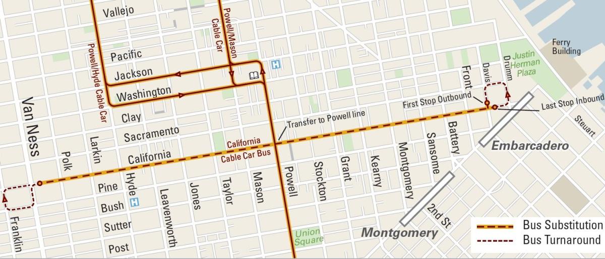 Map showing California Cable Car Line bus substitution route through downtown San Francisco streets with stops marked.