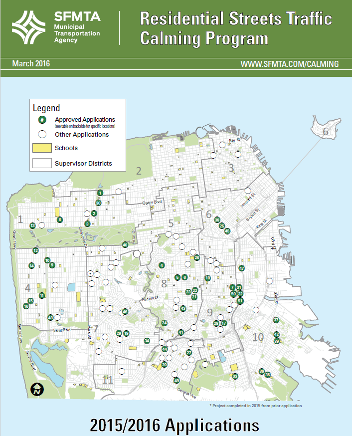 SFMTA Residential Streets Traffic Calming Program map showing 2015/2016 approved and other applications across San Francisco supervisorial districts.