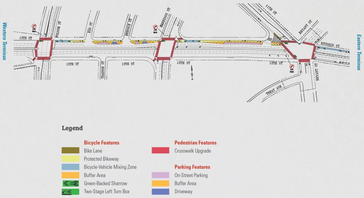 Map showing bicycle, pedestrian, and parking features planned for a westbound bikeway project on 13th Street.
