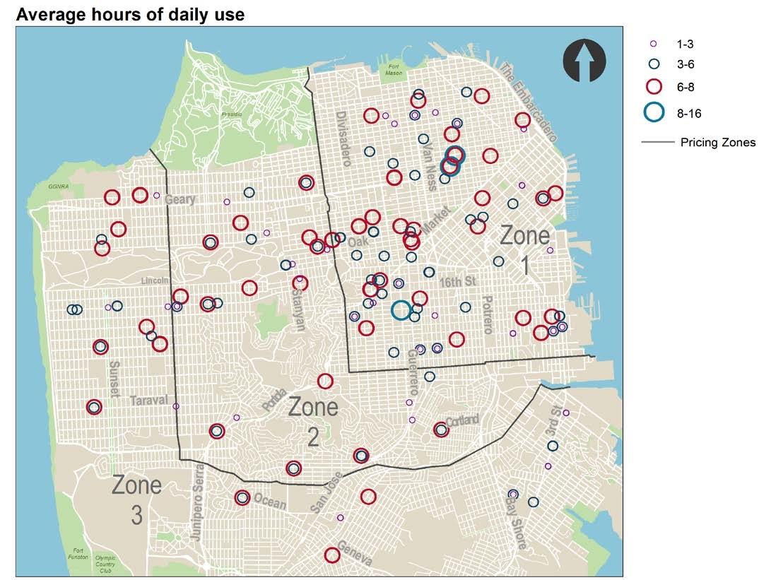 San Francisco map showing car-share vehicle daily usage by zone, with color-coded circles indicating 1-3, 3-6, 6-8, and 8-16 hours of use.