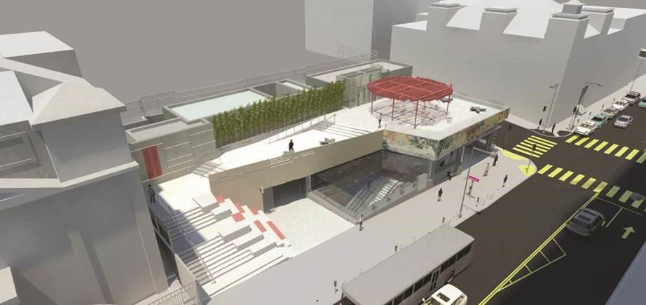 Architectural rendering of Chinatown Station Plaza with stairs, seating, landscaping, and red canopy structure above subway entrance.