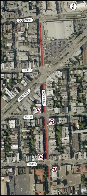 Aerial map of Church Street between Market and 16th Street showing Muni and taxi zones marked in red.