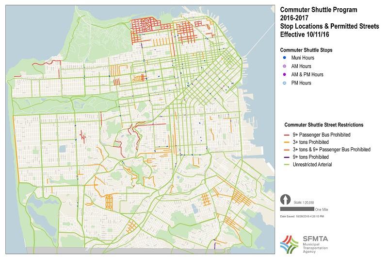 San Francisco map showing commuter shuttle stop locations and permitted streets for 2016-2017 program.