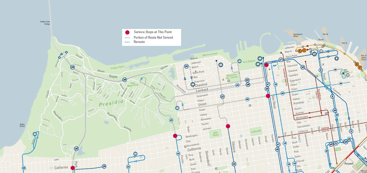 Transit service map showing temporarily discontinued bus routes and service stops during a demonstration event.