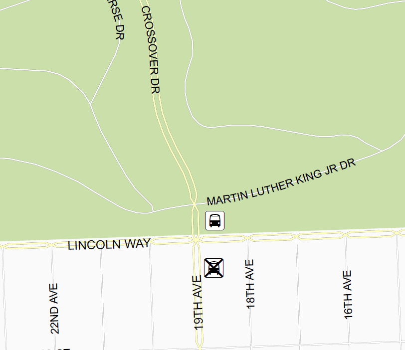 Map showing bus stop relocation from 19th Avenue to Crossover Drive near Martin Luther King Jr Drive and Lincoln Way.