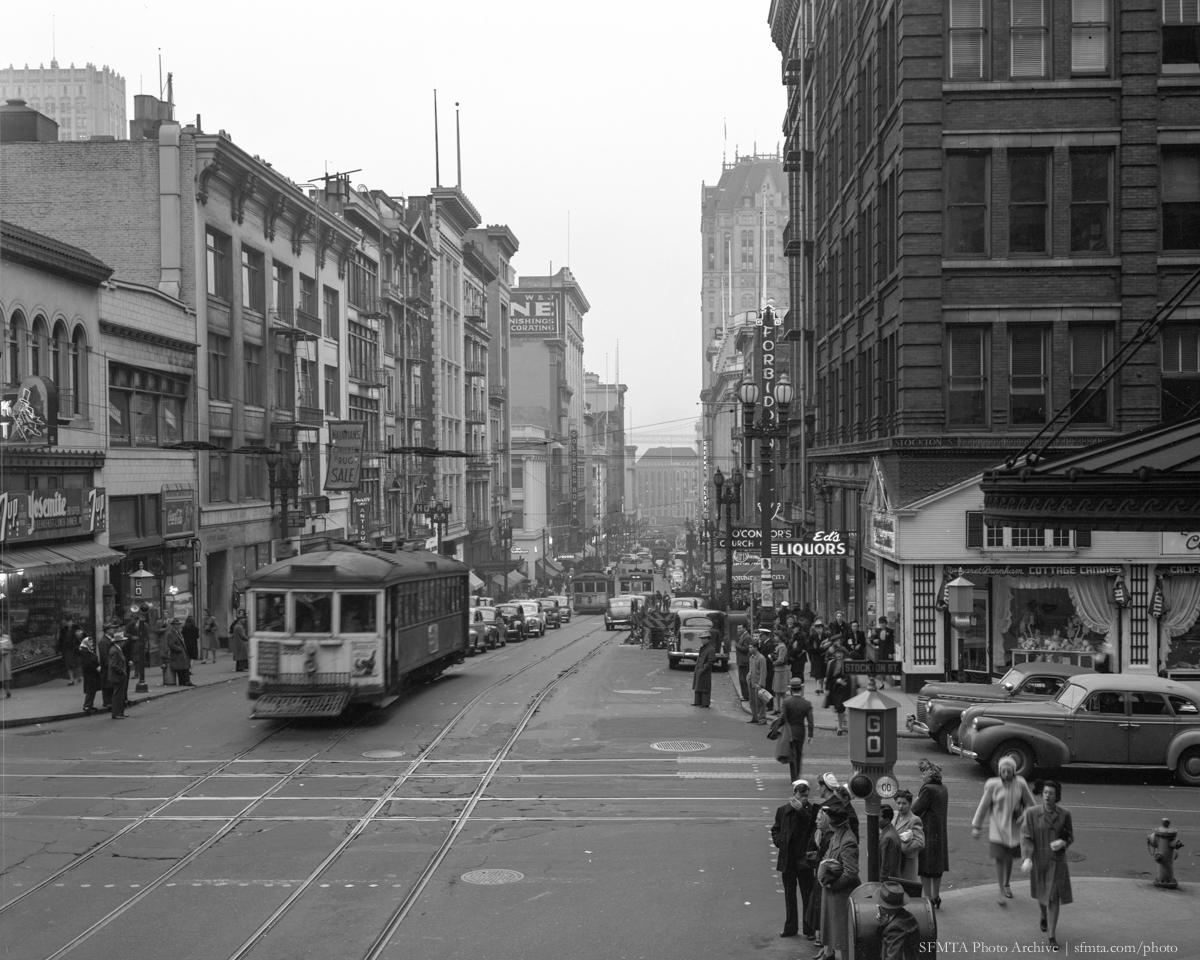 Cable car and pedestrians on Sutter Street at Stockton intersection, San Francisco, 1946.
