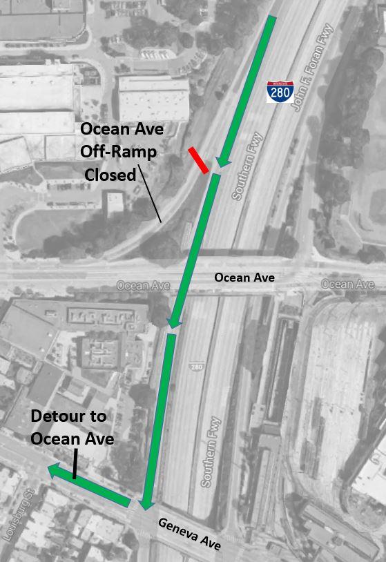 Map showing I-280 Ocean Ave off-ramp closure with detour route via Geneva Ave to Ocean Ave.