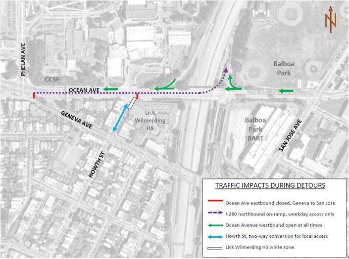 Map showing traffic detours on Ocean Avenue between Geneva and San Jose avenues, including eastbound closure, I-280 ramp access, and Howth Street conversion.