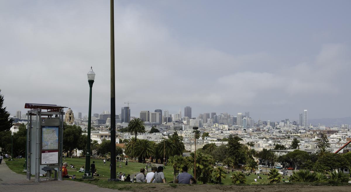 Dolores Park overlook with San Francisco skyline, palm trees, and visitors on grass