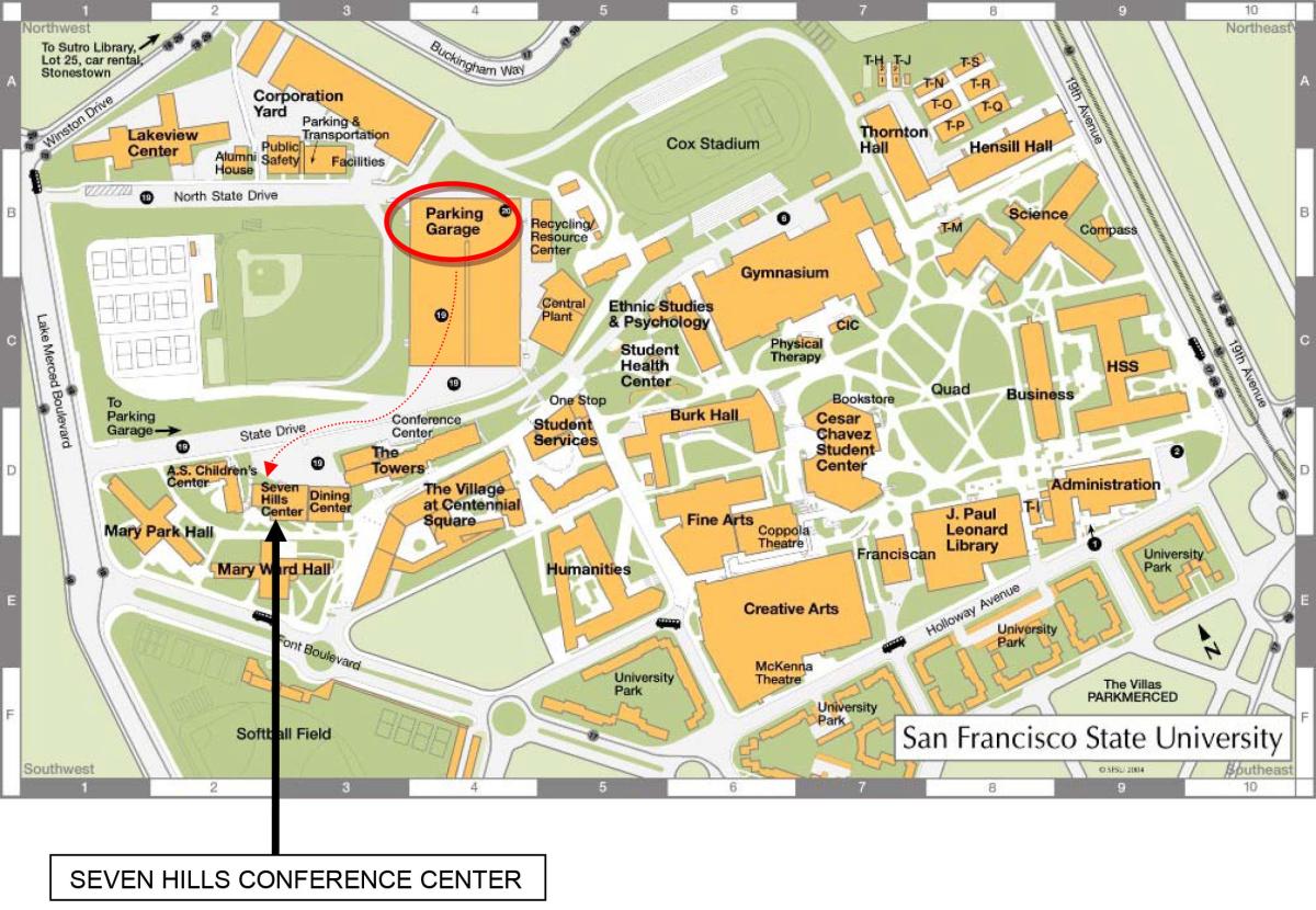 San Francisco State University campus map showing Seven Hills Conference Center location with parking garage and nearby buildings highlighted.