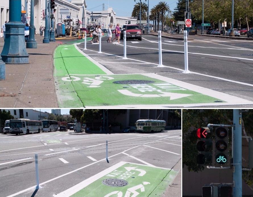Bicycle traffic signal and green left-turn bike box on The Embarcadero at North Point Street.