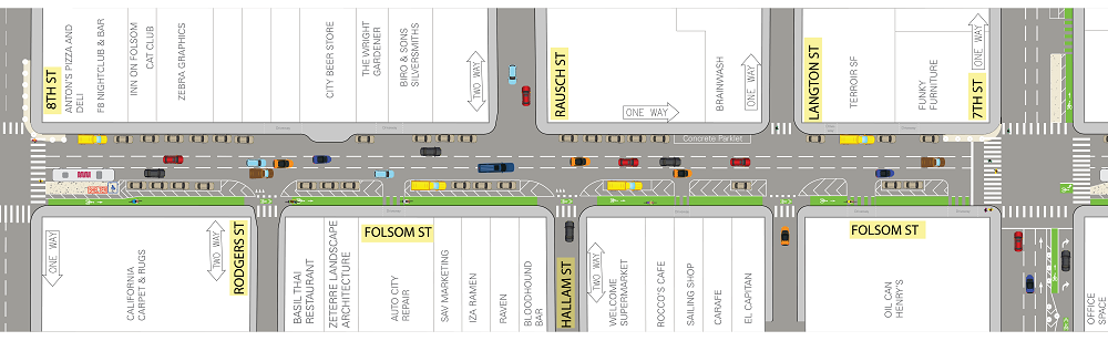 Map view of Folsom and Howard streets showing parking-protected bike lane and street improvements between 7th and Russ streets.