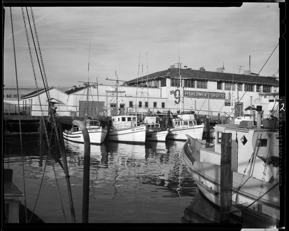 Fishing boats docked at Fisherman's Wharf with waterfront building, San Francisco, 1961.