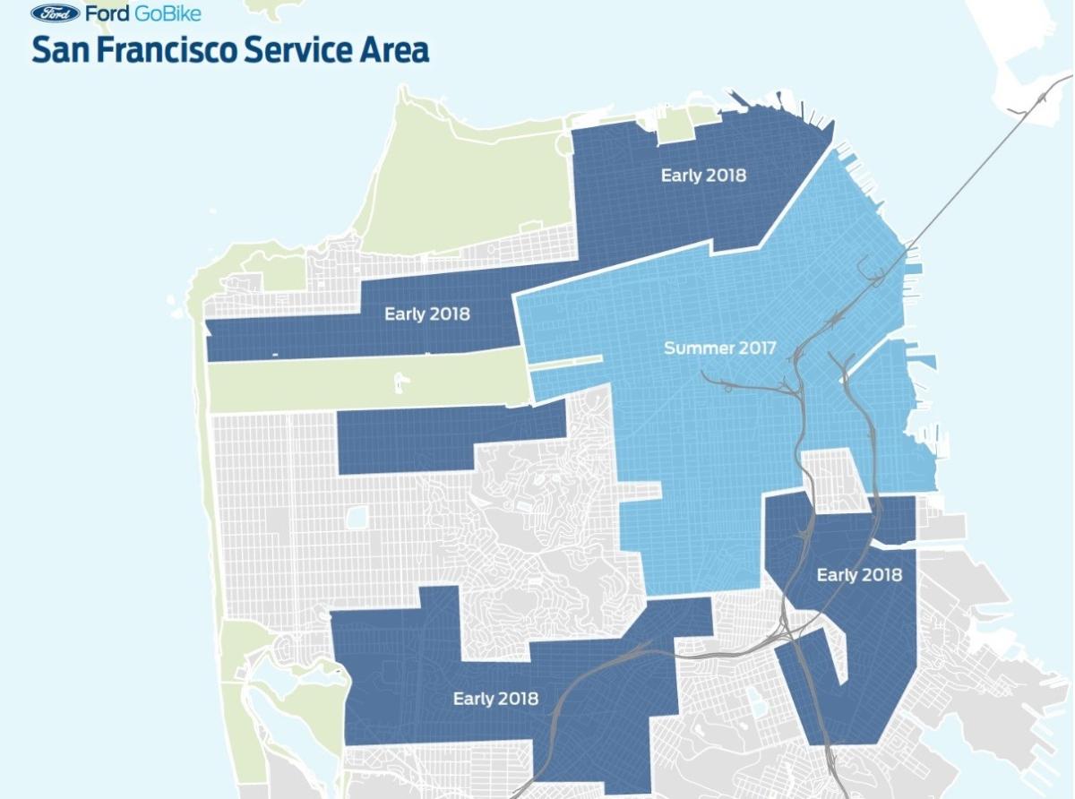 Ford GoBike San Francisco service area map showing expansion zones in dark blue for Early 2018 and light blue for Summer 2017.