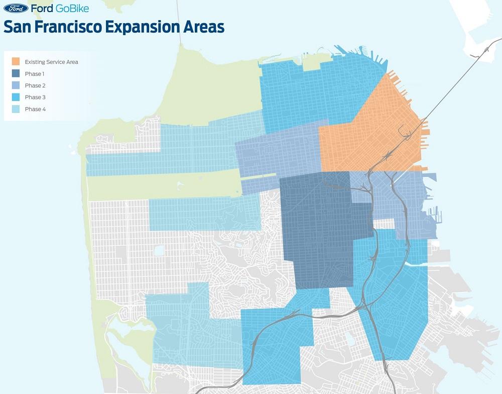 Ford GoBike San Francisco expansion map showing existing service area in orange and four planned phases in shades of blue across the city.