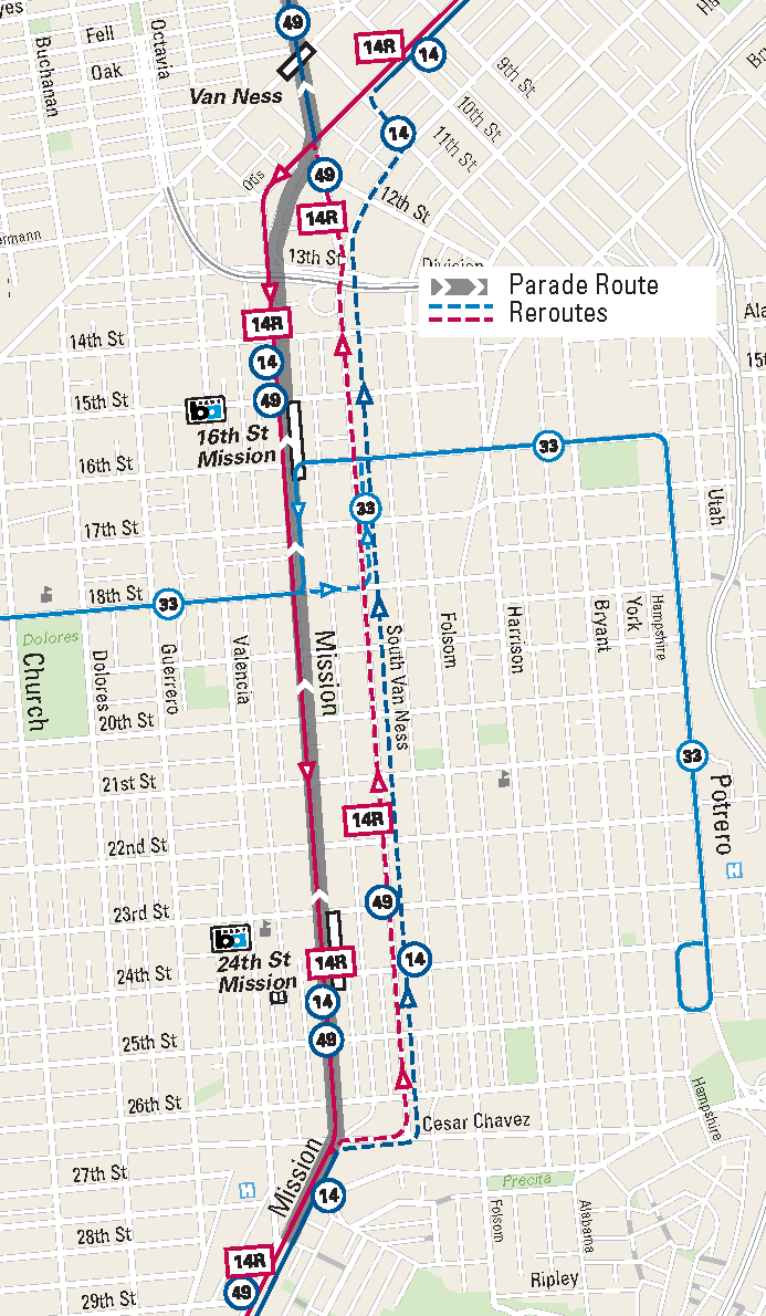 Map showing San Francisco parade route along Mission Street with transit lines 14R, 49, and 14 marked, plus detour routes 22, 32, and 33.