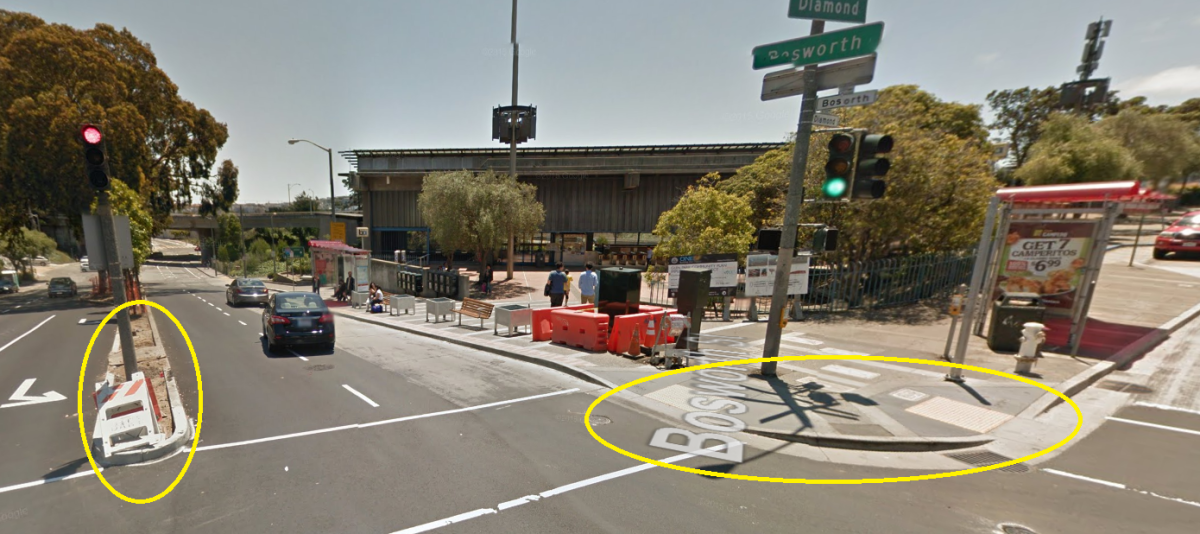 Street intersection at Diamond and Bosworth with traffic signals, road markings, and construction equipment visible.