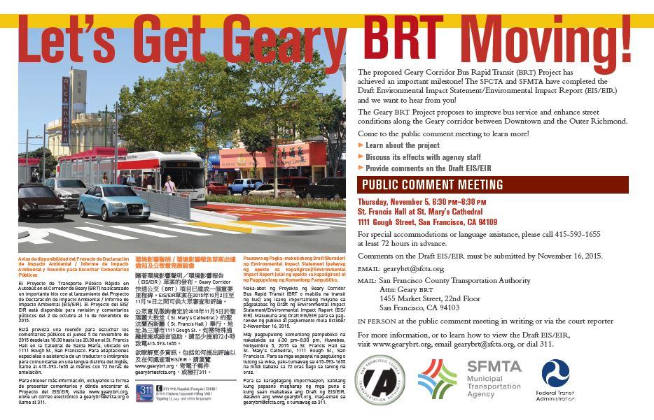 Geary BRT project public comment meeting announcement with transit corridor photo and multilingual text.