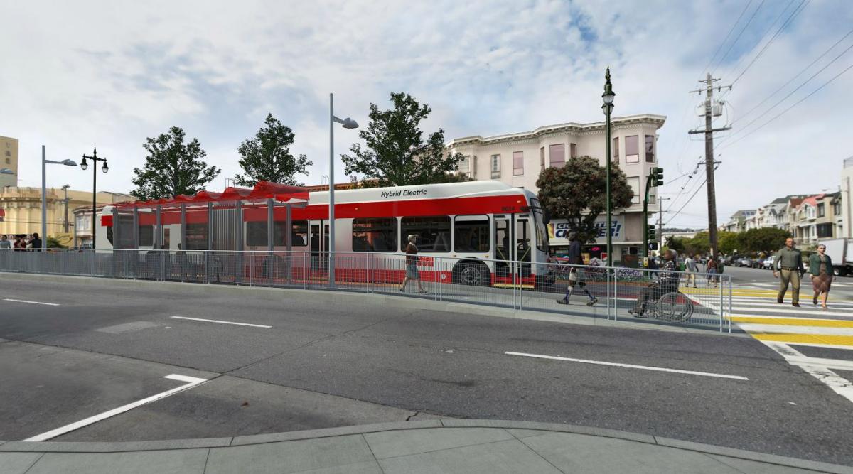 Red and gray Muni bus at street intersection with pedestrians and buildings in background.