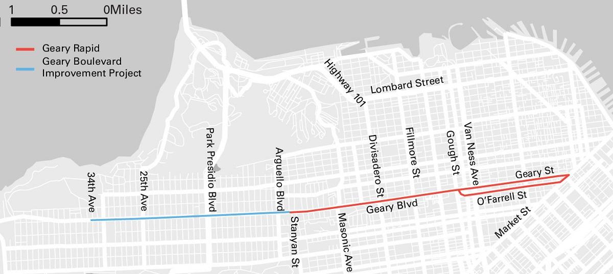 Map showing Geary Rapid transit line and Geary Boulevard Improvement Project segments in San Francisco.