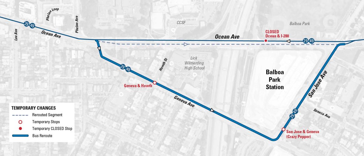 Transit map showing temporary reroute for lines 29 and 49 via Geneva Avenue and Balboa Park Station.