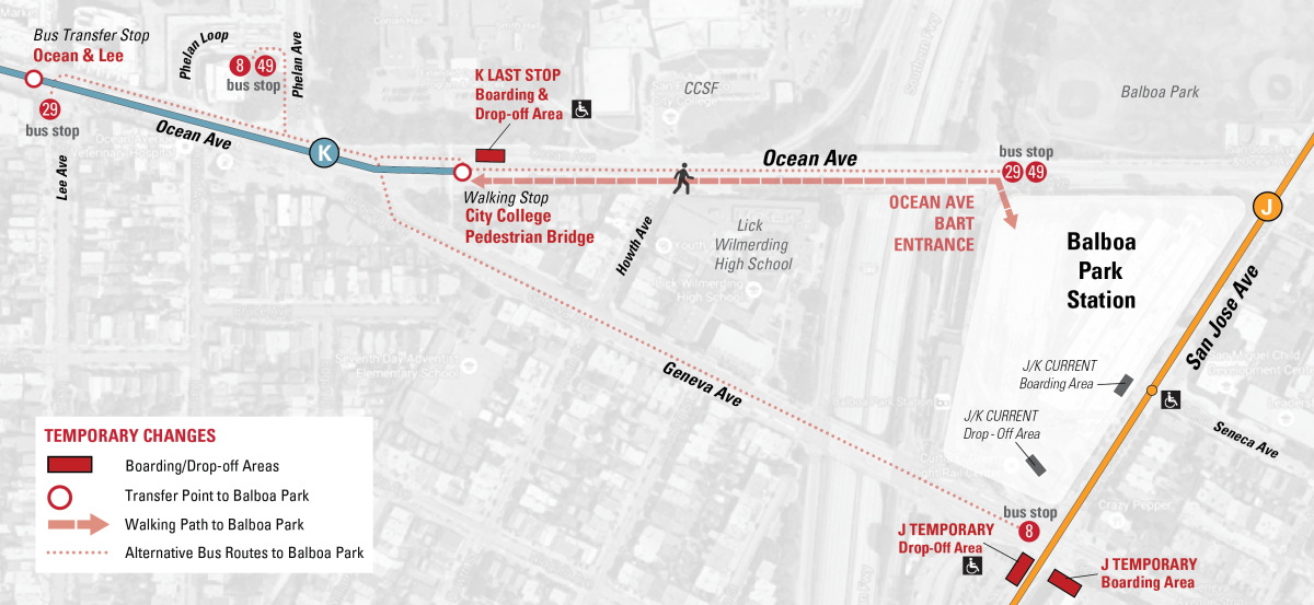 Map showing J-Church and K-Ingleside transit reroutes around Balboa Park Station with temporary boarding areas and walking paths.
