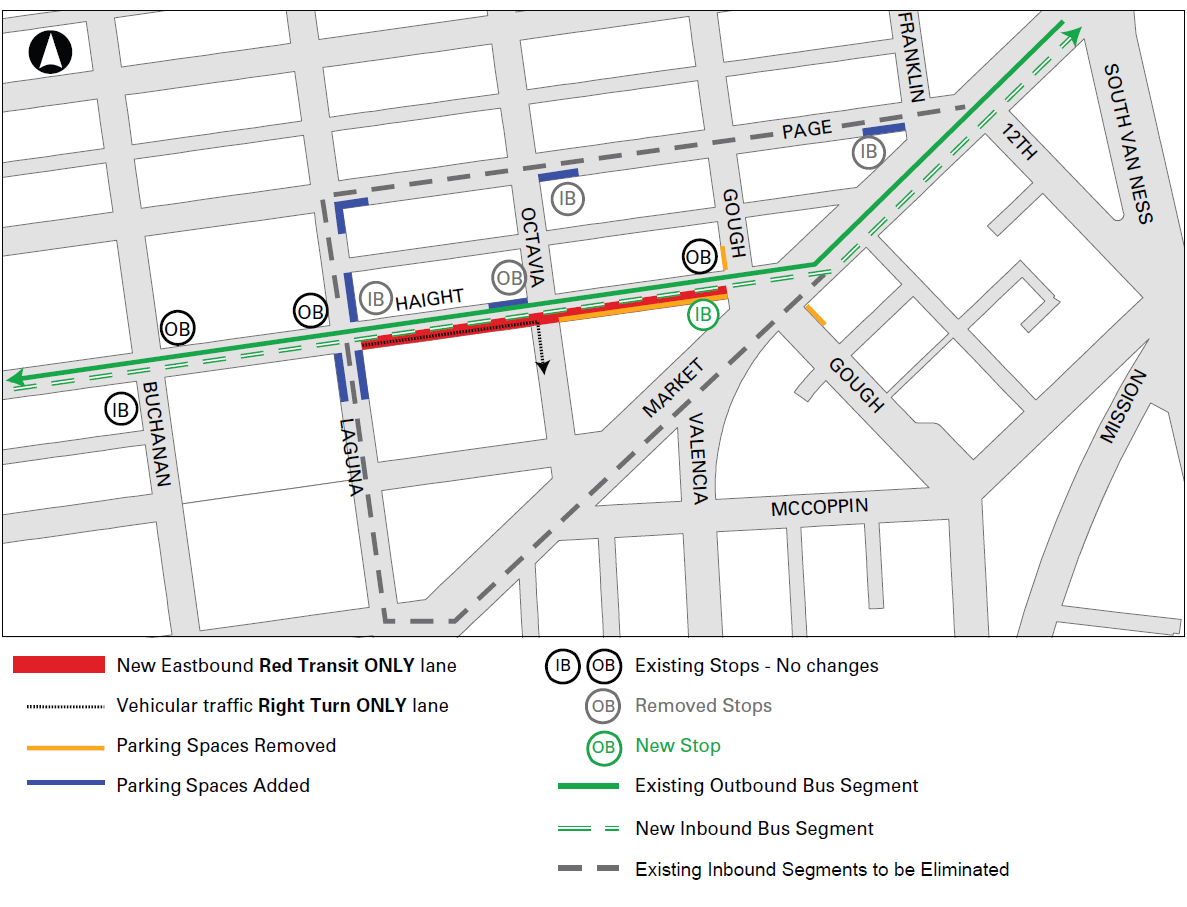 Map showing new Haight Street traffic configuration with eastbound Red Transit lane, right turn only vehicular lane, and parking changes between Buchanan and Gough streets.