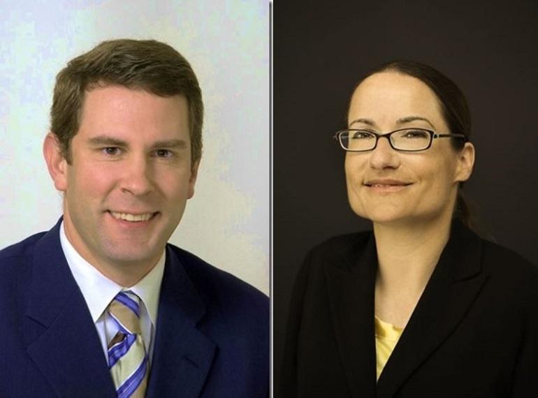 Two professional headshots: man on left in dark suit and striped tie, woman on right wearing glasses and dark jacket with yellow shirt.