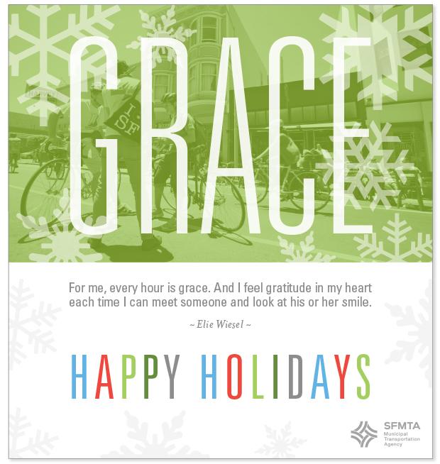 Green holiday card with "GRACE" in large white letters, snowflakes, street scene, and "HAPPY HOLIDAYS" text with Elie Wiesel quote.