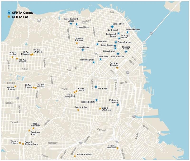 Map of San Francisco showing SFMTA parking garage and lot locations throughout the city.