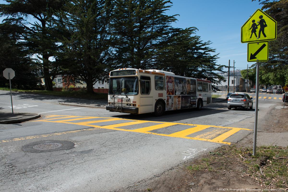 Muni bus crossing yellow striped pedestrian crossing near school zone sign with cypress trees.