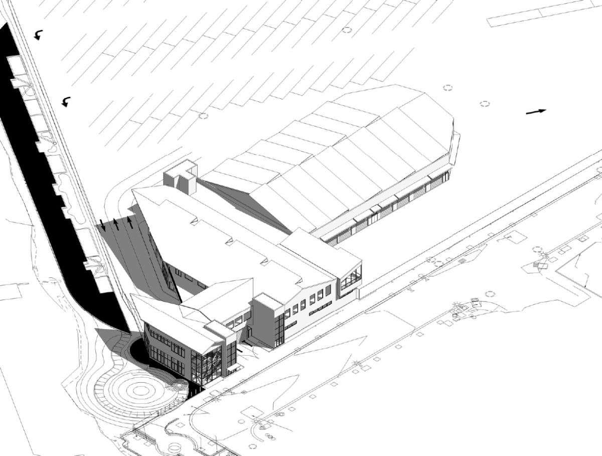 Architectural rendering of a transit maintenance facility with bus storage building and operations center.